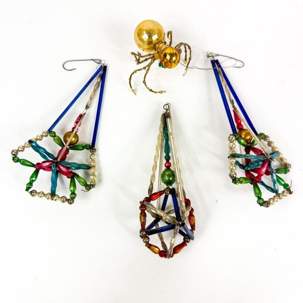 Vintage Mercury Glass Beads Wired Christmas Tree Ornaments Set Of 4